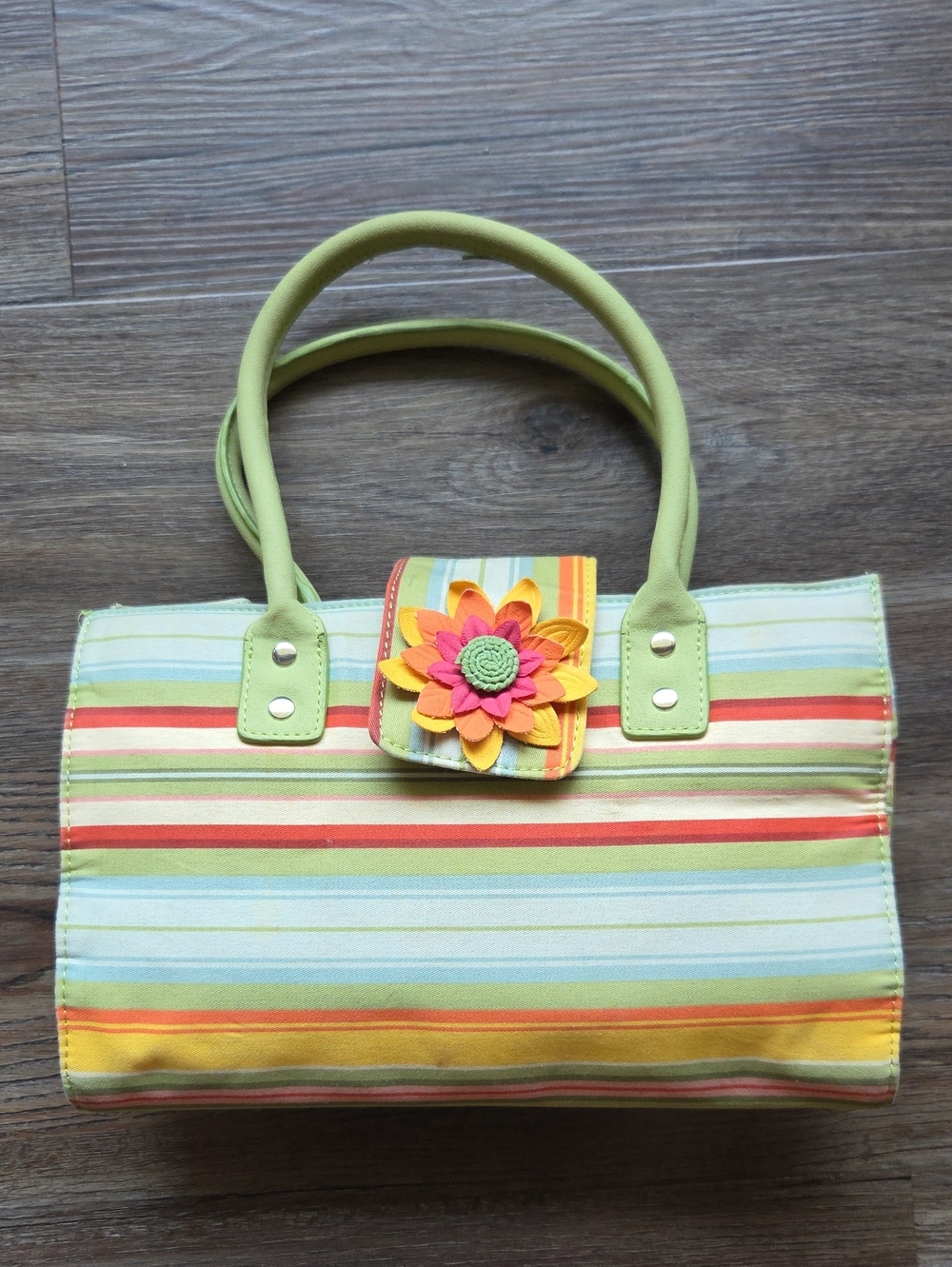 Vintage Longaberger Sisters Striped Floral Accent Purse Green Blue